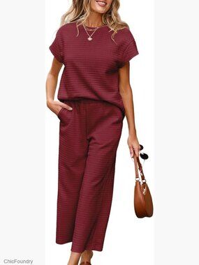 Waffle Texture Sweatsuit Set, Pullover Top & Wide Leg Pants, Lounge Wear